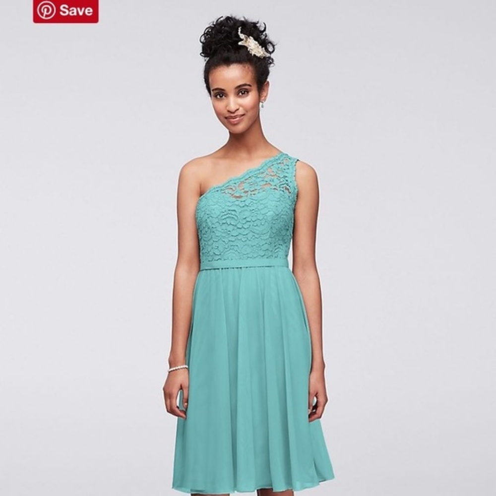 David's Bridal Short One Shoulder Lace Dress